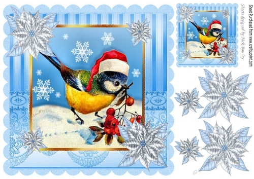 cute little robin wearing a santa hat with blue poinsettias 8x8