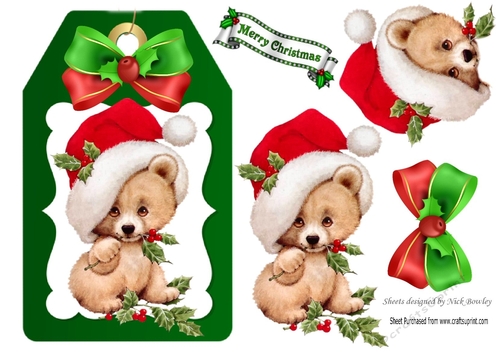 Cute little teddy bear in santa hat with bow (green) on a tag 