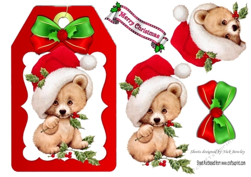 Cute little teddy bear in santa hat with bow (red) on a tag