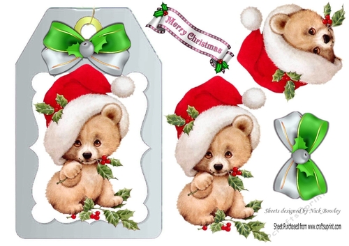 Cute little teddy bear in santa hat with bow (silver) on a tag