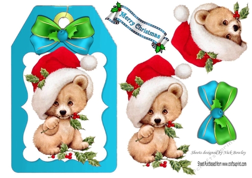 Cute little teddy bear in santa hat with bow (turq) on a tag