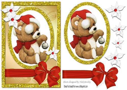 Cristmas teddy bear in santa hat A5 & Topper