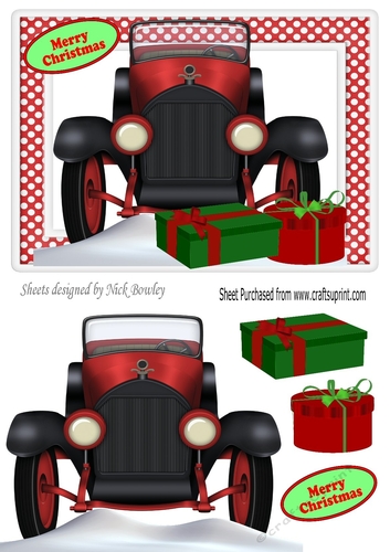 Vintage car with snow and presents A5