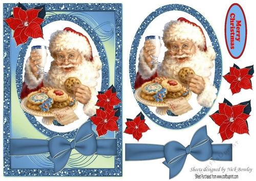 Santa with a plate of cookies & milk with blue bow A5