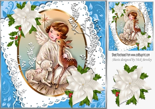 sweet little christmas angel with a deer with white flowers 8x8