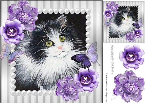 pretty painted black and white kitten with pearl & purple roses 8x8