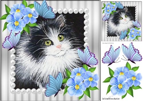  painted black & white kitten with pearl & blue flowers, butterflies roses 8x8