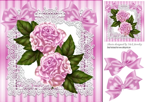 pretty pink roses on lace with corner pink bows 8x8