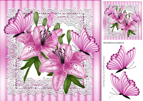 lovely pink lilies in bloom on lace with butterflies 8x8