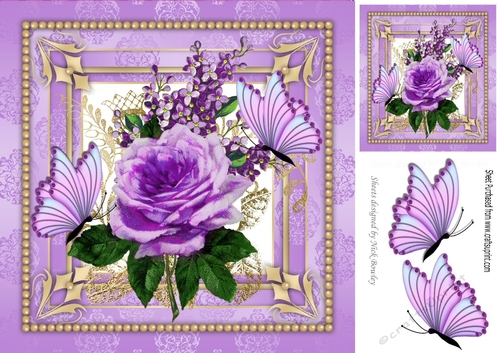 pretty shades of purple roses with butterflies on lace 8x8
