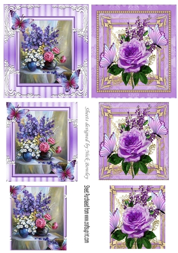 pretty flowers in a vase 2 small cards  with purple butterflies  pyramids