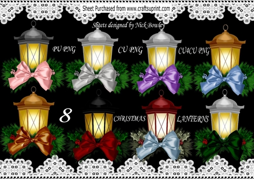 8 Lovely Coloured christmas Lanterns with bows & holly set