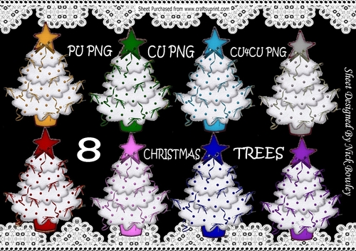 8 Lovely Coloured christmasTrees with snow stars & baubles set