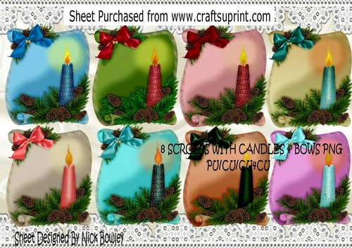 8 Lovely Scrolls with candles, pine cones and bows PNG set