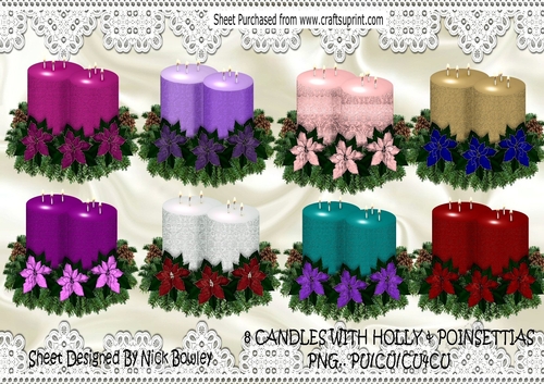 8 christmas candles with holly & poinsettias png set