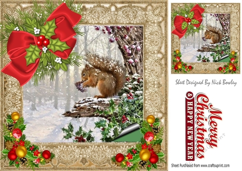 Cute squirrel on a branch in the snow with bow 8x8
