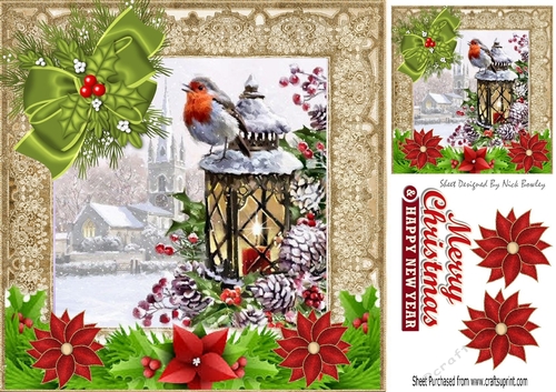 pretty snow scene  with church and robin with bow  & poinsettias 8x8