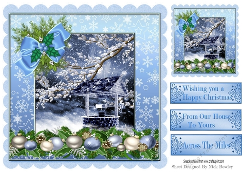 pretty wishing well in the snow with baubles & bow 8x8