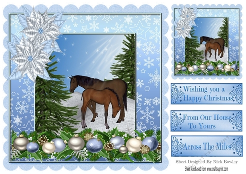 Horses in the snow with poinsettias 8x8