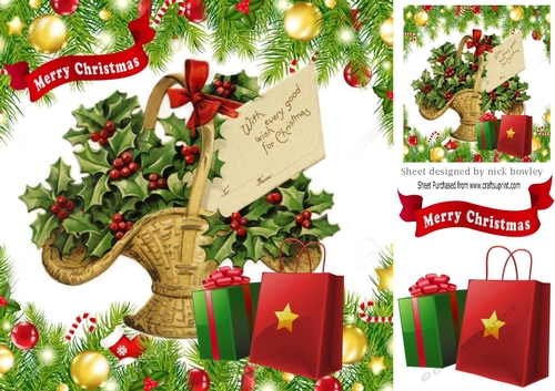 Lovely Basket of Holly & Berries 8x8