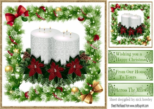 pretty white candle with red bow and poinsettias in festive frame 8x8