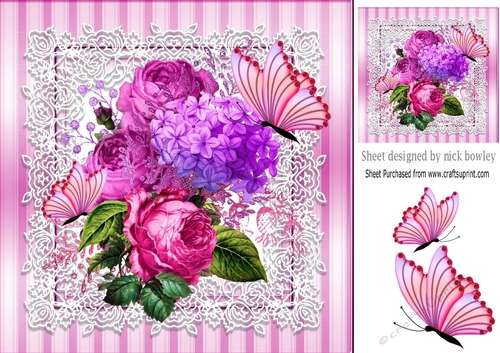 pretty cerise roses & flowers on lace with butterflies 8x8