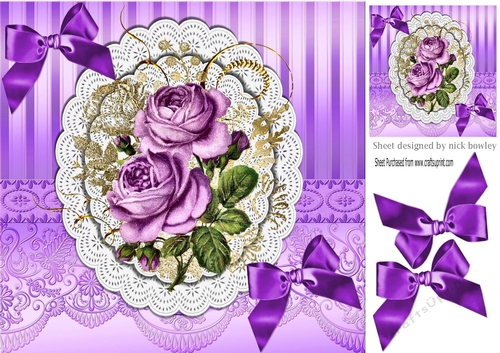 purple roses on doilies with satin bows 8x8