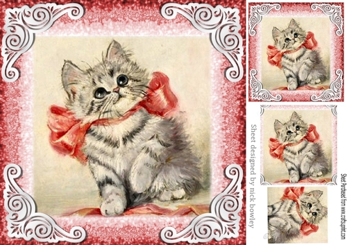 Cute vintage kitten with rose bow 8x8 with pyramids 