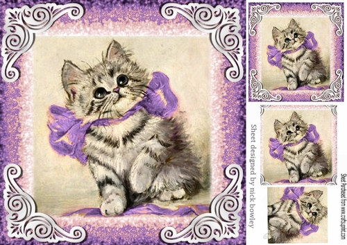 Cute vintage kitten with purple bow 8x8 with pyramids