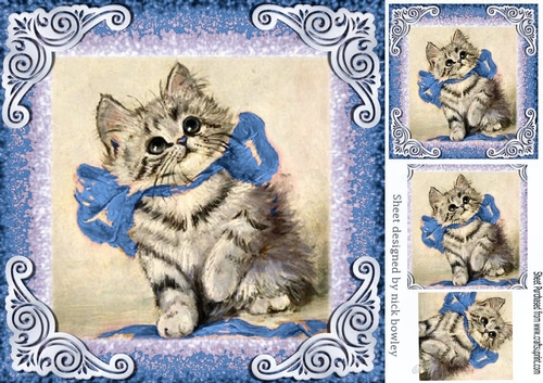 Cute vintage kitten with blue bow 8x8 with pyramids