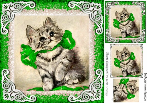 Cute vintage kitten with green bow 8x8 with pyramids