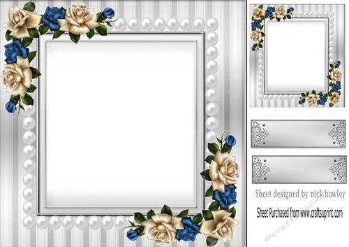 Lovely blue roses and pearl in grey card front