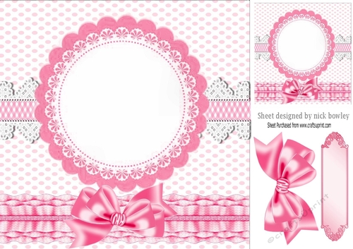 Pink frilly, polkadot & gingham card front with topper and bow 8x8