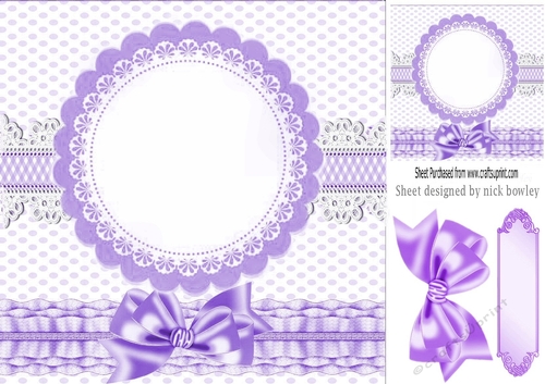 Purple frilly, polkadot & gingham card front with topper and bow 8x8