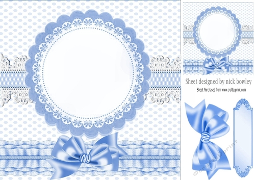 Blue frilly, polkadot & gingham card front with topper and bow 8x8