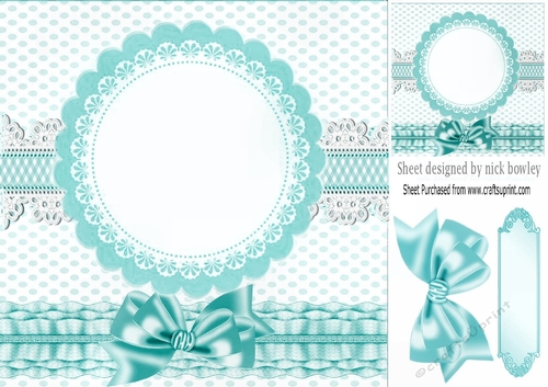 turq frilly, polkadot & gingham card front with topper and bow 8x8