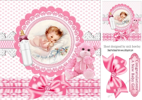 cute little baby girl with her pink teddy & bottle 8x8