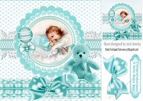 cute little baby boy with his blue teddy and rattle 8x8