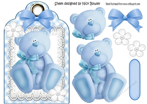 Lovely blue gingham bear on a tag with lace & bow