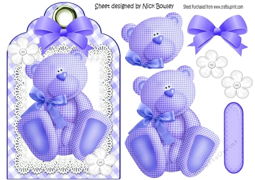 Lovely purple gingham bear on a tag with lace & bow