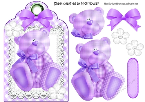 Lovely lilac gingham bear on a tag with lace & bow
