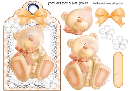 Lovely gold gingham bear on a tag with lace & bow