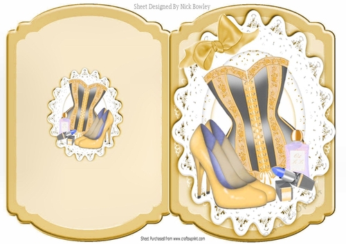 pretty stripe gold basque with bow in floral frame with accessories folded book