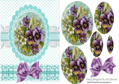 pretty purple pansies Oval pyramids with frill and purple bow A5