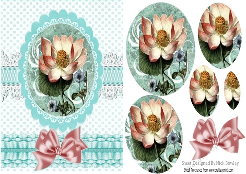 pretty Pink Magnolias Oval pyramids with frill and purple bow A5
