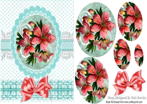 pretty pink lilies Oval pyramids with frill and purple bow A5