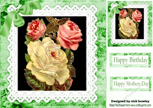vintage roses in lace and script frame  with bow 8x8