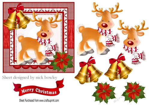 cute reindeer with bells and poinsettias on lace with frame