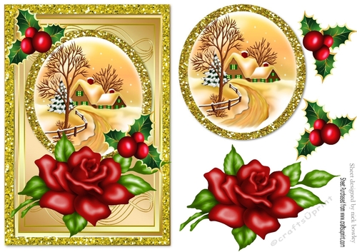 pretty snow cottage with red rose and holly A5