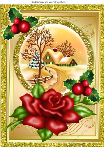 pretty snow cottage with red rose and holly A4